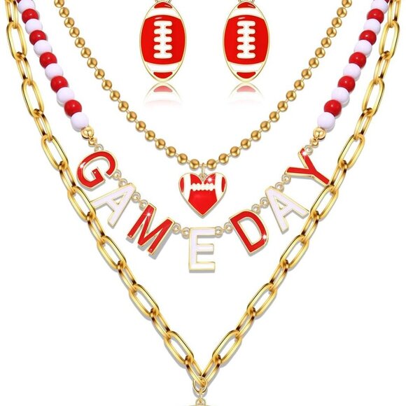 Jewelry - Women Beaded Football Necklace Layered Link Chain Sports Team Jewelry Gift